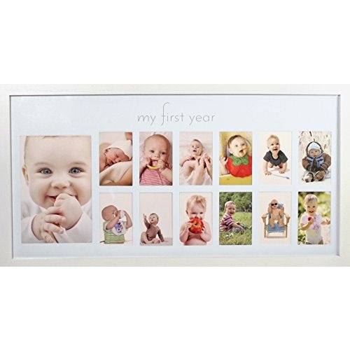 Baby's First Year Frame in Elegant White Natural Wood - My First Year Baby Picture Frame for Photo Memories (White)