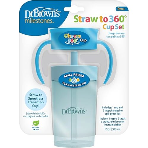 Dr. Brown's Milestones Straw to 360 Convertible Toddler Training Cup Set, 10 oz/300 mL, Interchangeable Silicone Straw and 360 Lids, Pink Coral, BPA-Free, 9m+, 1-Pack