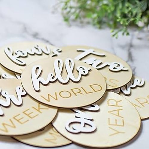 Wooden 3D Monthly Milestone Discs for Baby Photos (20 pcs Set), First Year Monthly Milestone Marker, Includes 1-5 Years, Natural Stained