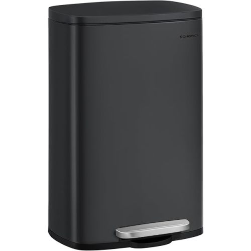 SONGMICS 13 Gallon (50 L) Trash Can, Stainless Steel Kitchen Garbage Can, Recycling or Waste Bin, Soft Close, Step-On Pedal, Removable Inner Bucket, Black ULTB050B01