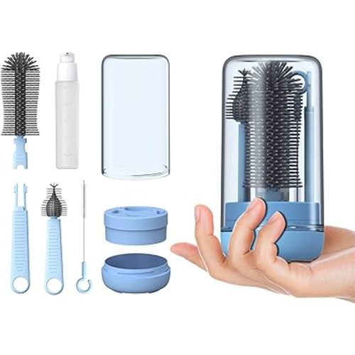 Travel Bottle Cleaner Kit with Stand, Baby Bottle Brush Set for Baby Travel Essentials, Blue