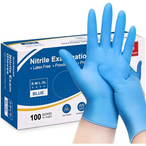 Schneider Nitrile Exam Gloves, Blue, 4 mil, Powder-Free, Latex-Free, for Medical Exam, Cleaning and Food Prep, Non-Sterile