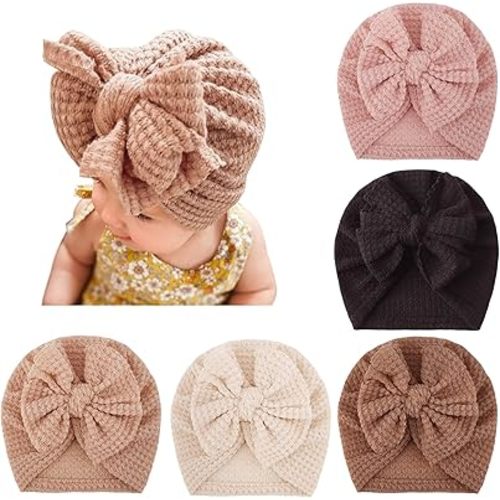 DRESHOW BQUBO 5 Pieces Newborn Baby Turban Hats Bow Baby Infant Beanie Breathable Toddler Cap for Baby Girls