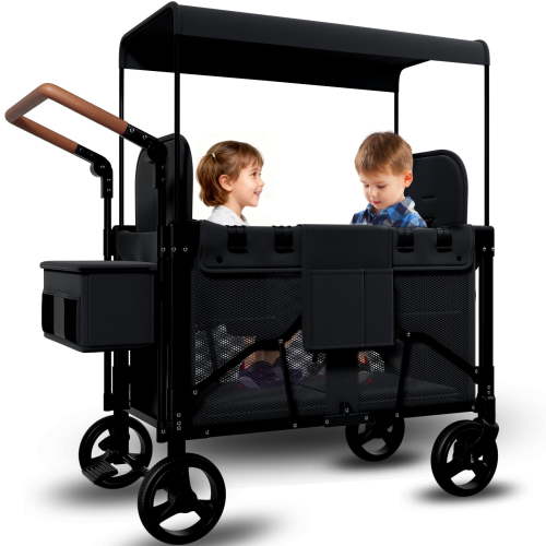 Vipsafe Foldable Wagon Stroller for 2 Kids, Canopy, Adjustable Handle, Compact Storage