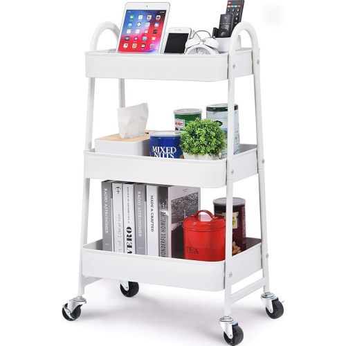 KINGRACK 3-Tier Rolling Cart, White, Sturdy Steel Frame, Easy Assembly, 3 Large Baskets, Ideal for Office, Kitchen, Bathroom Storage