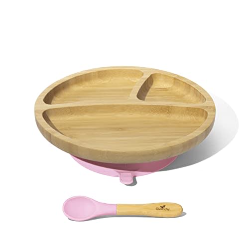 Avanchy Toddler Baby Plates Divided Bamboo, Suction for Babies Kids Toddler Food with Silicone Spoon for Feeding, Pink