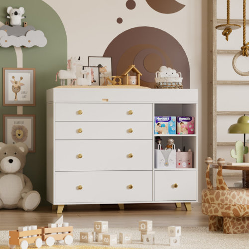 Casanookk Modern Nursery Changing Table Dresser,baby Dressing Table With 5 Drawers,multi Functional Diaper Changing Station For Children's Rooms,for The Nursery, White | Wayfair