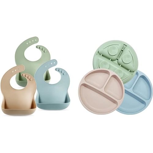 PandaEar Set of 3 Cute Silicone Baby Bibs & Unbreakable Silicone Baby and Toddler Plates