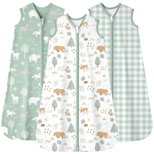 FIEMOL Baby Sleep Sack 6-12 months, 100% Cotton Sleeping Sack for Newborn and Infant, 3 Pack Baby Wearable Blanket, 0.5 Tog Lightweight Double Zipper Sleep Bag Medium Green Forest Bear