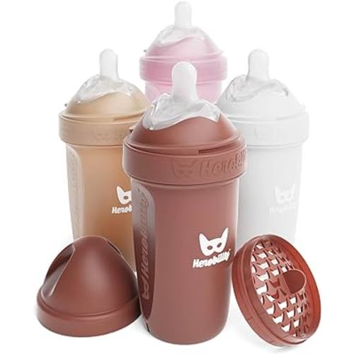 Herobility Double Anti-Colic Baby Bottles – 8.5 fl oz/240ml – 4-Pack – Multicolor – Sand, Woodchuck, Pink, White