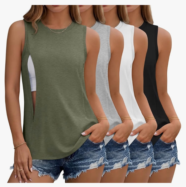 4 Pack Women's Nursing Tank Tops for Breastfeeding Hidden Zippers Sleeveless Nursing Shirts Loose Maternity Tops