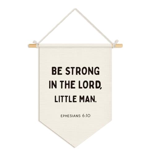Wheatwin Christian Nursery Decor, Christian Wall Decor for Toddler Baby Little Boys Bedroom Playroom，Be Strong in the Lord Little Man Bible Verse Wall Hanging Pennant Flag Banner, 15x11 Inch