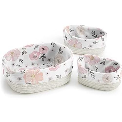 Sweet Jojo Designs Blush Pink Grey Boho Floral Girl Woven Storage Basket Set 3pc Cotton Rope Diaper Caddy Bins Baby Nursery Kids Closet Drawer Organizer Liner Bohemian Farmhouse Shabby Chic Watercolor