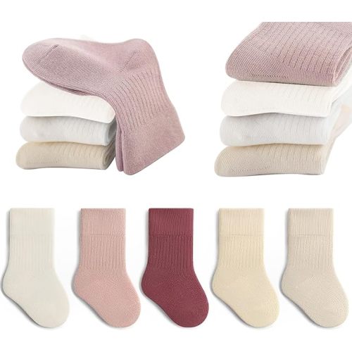 5 Pairs Toddler Crew Socks Soft Cotton Socks Elastic Baby Solid Colors for Unisex kids Boys Girls