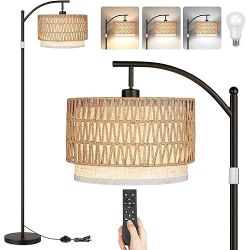 Rattan Floor Lamps for Living Room, Boho Standing Lamps with Rattan& Linen Double Shades, Arc Lamps Floor Standing with 9W Bulb, Foot Switch, Bohemian Floor Lamps for Bedroom, Office-Drum