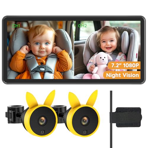 Babyvue Baby Car Camera for 2 Kids - 7.2" Large HD Display Dual Channel Baby Monitor, Clear 1080P IR Night Vision Car Seat Camera, Easy Install & Secure Rear-Facing View