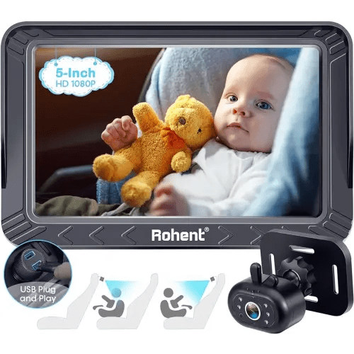 Baby Car Camera 5-Inch for Backseat: USB Plug and Play Easy to Install for New Parents - HD 1080P Clear Night Vision Car Seat Camera for Rear Facing Infant 360° Rotating for Larger Cars SUV