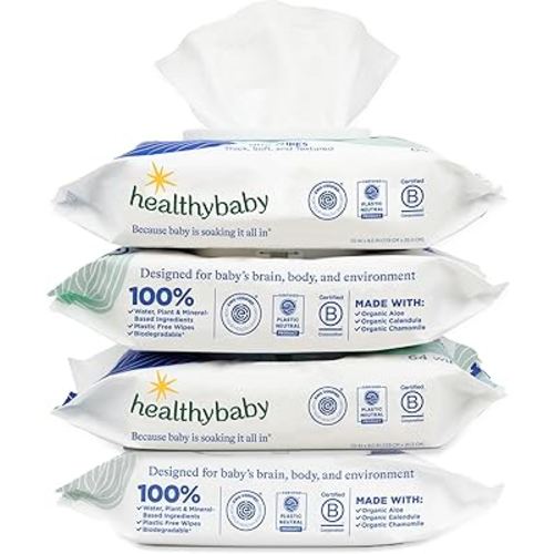HealthyBaby Our Wet Wipes | EWG Verified Safe | 100% Water & Plant Based | Unscented & Safe for Sensitive Skin | Fragrance Free and Totally Chlorine Free (4 packs, 256 wipes)