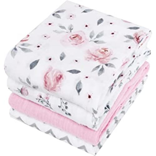 PHF 4 Pack 100% Cotton Baby Muslin Swaddle Blankets, Super Soft Breathable Comfy Baby Swaddle Wrap Set, Receiving Blanket for Infant Baby Girls, Floral/Flower/Pink/Wave