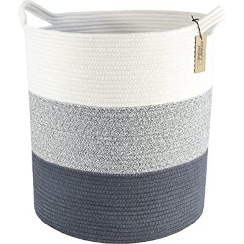 COMFY-HOMI XXL Large Laundry Basket with Handles Blanket Baskets Living Room|Woven Cotton Rope Decorative Basket Laundry Hamper Baby Gift Nursery Dog Toy Storage Organizer Bin-16”x18”-3Tone Grey