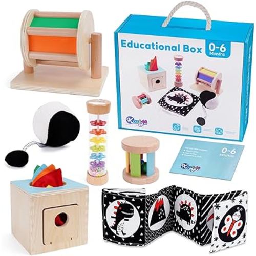 KMTJT Montessori Toys for Babies 0-6 Months | Learning Educational Wooden Sensory Toys for Baby Infant Newborn Toys 0-3-6 Months | Includes Tissue Box, Spinning Drum, Rainmaker and More