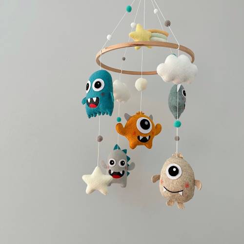 Monster mobile nursery, Over the crib nursery decor, Hanging mobile with felt balls, cloud and stars, Baby shower gift.