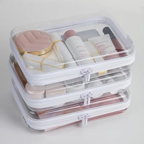 3PCS Clear Hard Shell Zipper Case,Portable Cosmetic Bag with Zipper,Kid's Toy Storage Organizer Bins,Hard Plastic Case,Clear Zipper Bags for Organizing,Pencil Case(Medium)