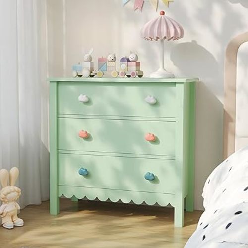 FUNKOCO Green Bedroom Nightstand with 3 Drawers, 27.56" Wide Wooden Night Stand with Colorful Cloud Handle, Cute Scalloped Dresser Bedside Table for Bedroom, Hallway, Living Room
