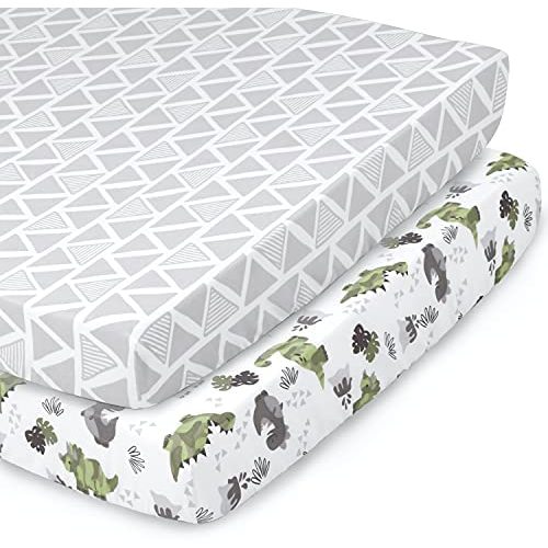 The Peanutshell Fitted Pack n Play, Playard, Mini Crib Sheets for Baby Boys | 2 Pack Set | Camo Dinosaur & Tribal Print