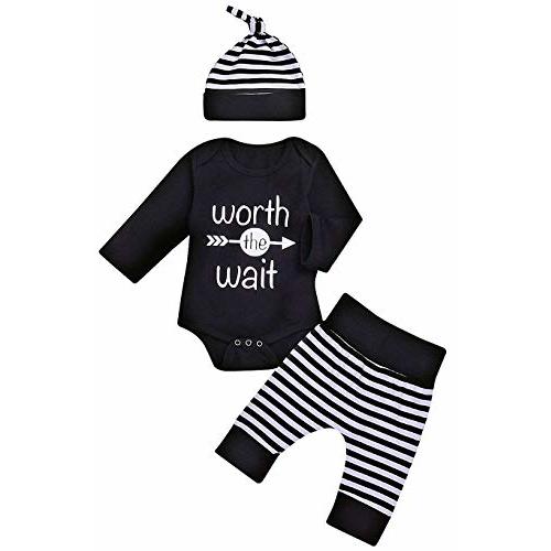 Baby Unisex Worth The Wait Arrow Printed Romper Striped Pant Hat Outfit Clothes (Black, Newborn)