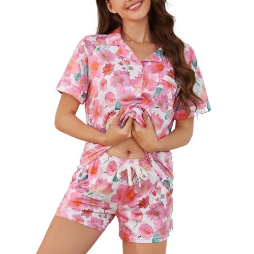 LYCY Womens Pajamas Set Floral Print, Soft Pajamas for Women Shorts Set, Summer Button Down 2 piece Women Pjs