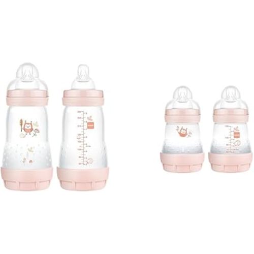 MAM Easy Start Matte Anti-Colic Baby Bottles, 9 oz (2 Count), Medium Flow Nipples, Baby Girl,2 Count (Pack of 1) & Easy Start Matte Anti-Colic Baby Bottles, 5oz (2 Count), Slow Flow Nipples, Baby Girl