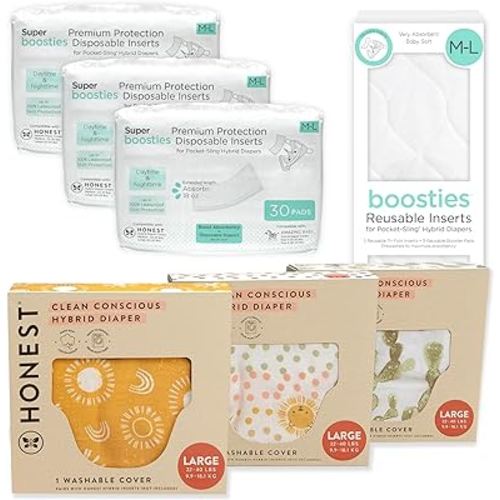 Honest Hybrid Cloth Diaper Cover + Super Boosties Disposable Inserts 90ct + Reusable Inserts, Large (22-40 lbs), Cotton Muslin Honest Covers feature Pocket-Sling, Bonus Starter Kit