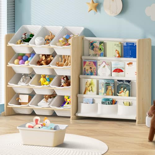 EXPERLAM Kids Toy Storage Organizer - Toy Organizer with Bookshelf, 12 Bin and 4 Shelf Storage, Playroom, Nursery, Kids Room Organizer, Burlywood