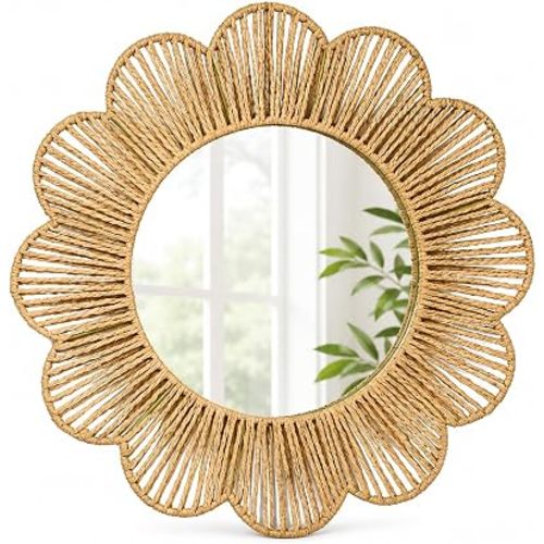 Handwoven Rattan Round Mirror, Scalloped Floral Boho Wall Decor