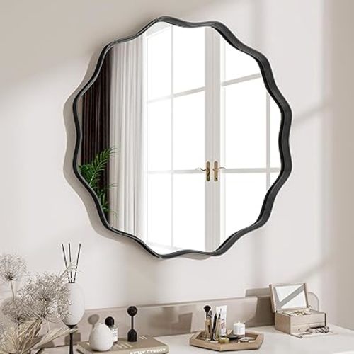 Round Wavy Mirror, 20 Inch Metal Frame Circle Mirror, Round Wall Mounted for Entryway, Bathroom, Vanity, Living Room, Black