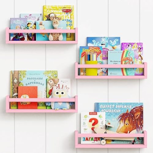 Forbena Pink Floating Shelves for Wall, Aesthetic Wall Bookshelf for Girls Room Decor, Wood Nursery Bookshelves for Toddler Kids Bedroom Book and Toy Storage Organizer (Set of 4, Pink)
