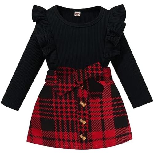 AMAWMW Toddler Baby Girl Fall Winter Clothes Long Sleeve Ruffle Shirt Corduroy Mini Skirt Infant Girl A-line Dress
