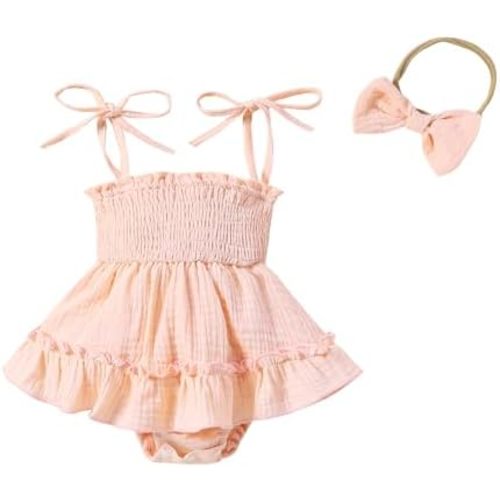 Baby Girls' Pink and White Smocked Romper Dress with Headband