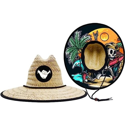 Baby Infant 48cm Lifeguard Hat Straw Beach Cap Brown Palm Patch