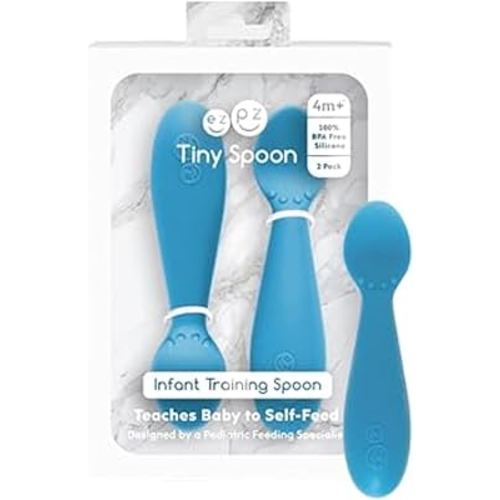 ezpz Tiny Spoon (2 Pack in Blue) - 6 Months+ - 100% Silicone Spoon for Baby Led Weaning + Purees - Designed by a Pediatric Feeding Specialist - Shower Essentials & Gifts