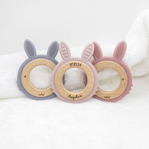 Personalized Baby Ring Toy/ Baby Bunny Teether/Personalized Wooden Teether /Wooden Silicone Teething Toy/Wooden soother toy