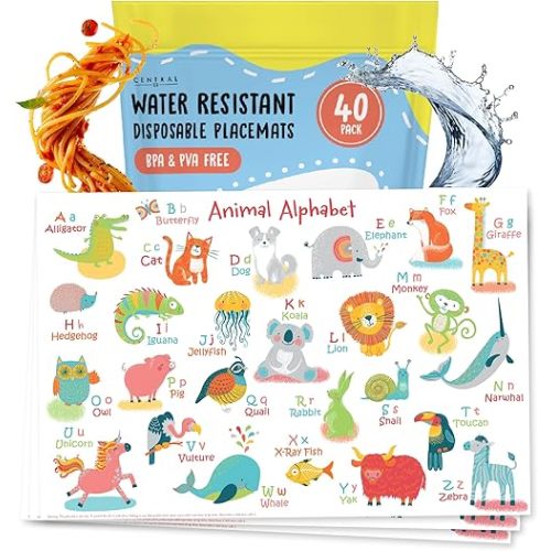 Disposable Placemats for Baby - Set of 40 Sticky Mats for Baby Eating - Animal Alphabet ABC - Educational Table Mat for Travel Airplane Restaurant Dining Table High Chair Cover - by Central 23