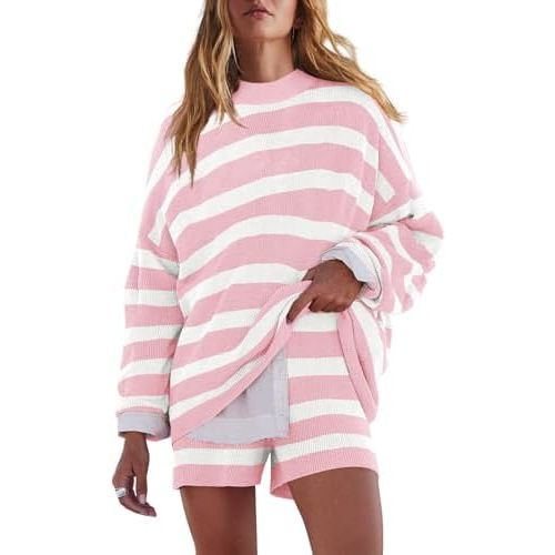 LAMISSCHE Womens Oversized Lounge Sets 2 Piece Outfits Striped Matching Pajama Set Long Sleeve Sweater Set