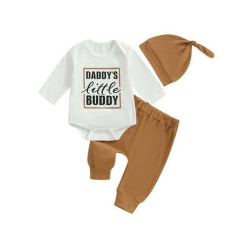 Qtinghua Newborn Baby Boy Clothes Fall Outfit Infant Daddy's Little Buddy Print Romper Pants Set Coming Home 3PCS Outfits