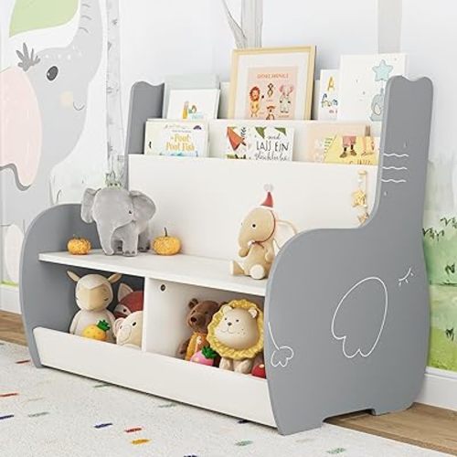 3-in-1 Kids Bookshelf and Toy Storage Organizer with Reading Nook, Toddler Bookshelf and Bookcase with Bench and 2 Storage Cabinet, Kids Book Shelf for Kids Rooms, Nursery, Grey Elephant