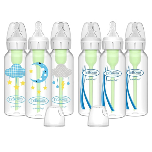 Dr. Brown’s Natural Flow® Anti-Colic Options+™ Narrow Baby Bottles 8 oz/250 mL, with Level 1 Slow Flow Nipple, 6 Pack, 0m+ Moon/Clouds Gift Set