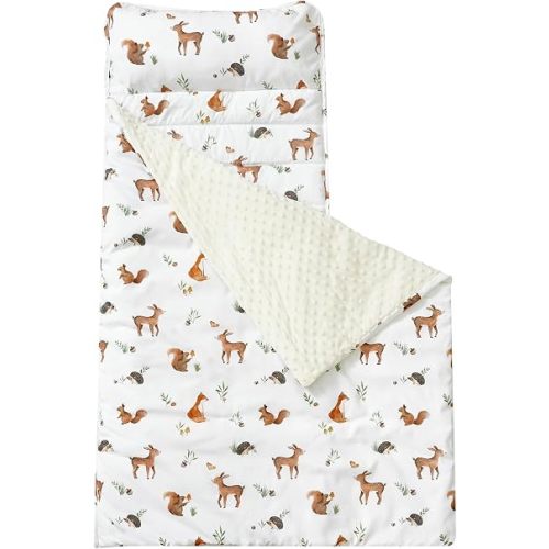 david's kids Toddler Nap Mat with Pillow and Minky Fleece Blanket, Ultra Soft Slumber Bags for Kids, Perfect for Preschool, Daycare, Kids Sleeping Bags with Rollup Design, 50"x20", Woodland Animals