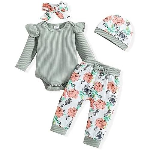 Baby Girl Clothes Infant Girl Newborn Outfit Romper Fall Winter Pants Set Cute Hat Headband for Baby Girls