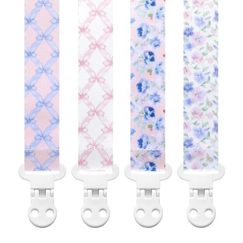 Stadela Baby Pacifier Clip Holder - Girl 4 Pack Gift Set – Vintage Floral French Granmillenial Ribbons Bows and Flowers in Pink and Blue